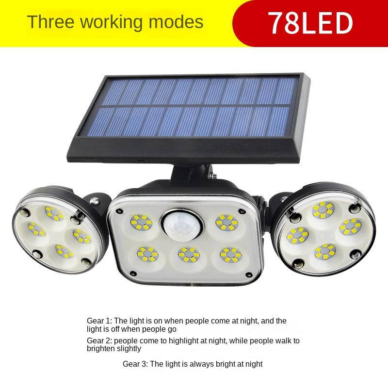 Neue Solar-Wandleuchte 78LED menschliche Körperinduktion Gartenleuchte im Freien wasserdichte Wandleuchte Dreikopf-Wandleuchte