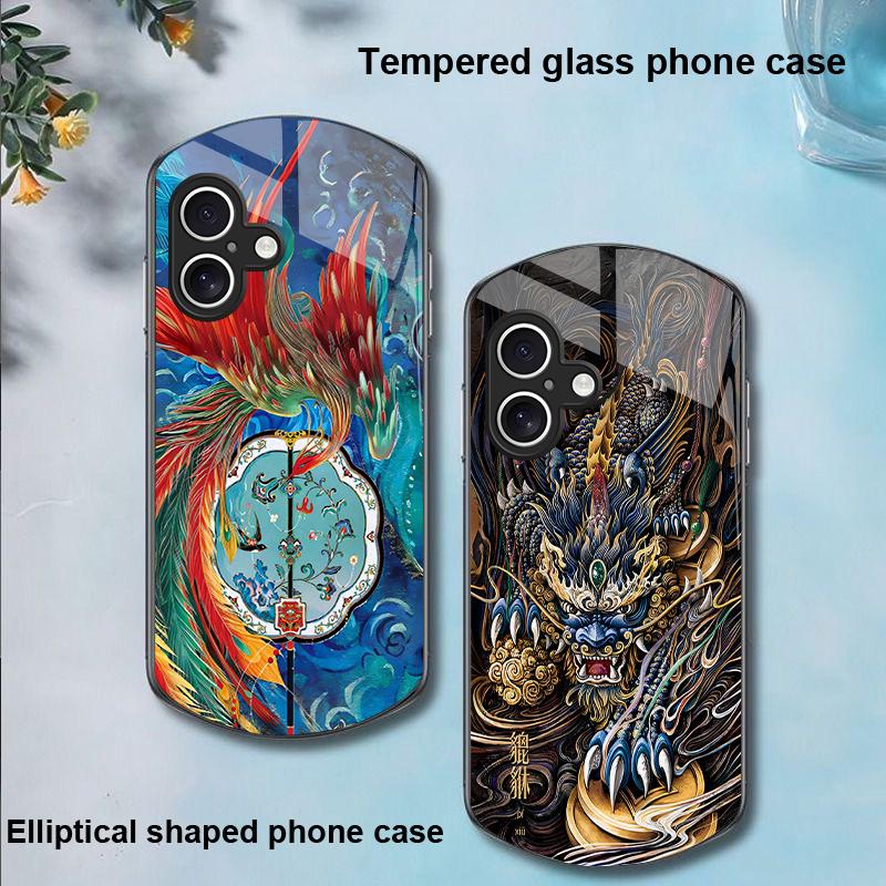 Golden Phoenix For Apple IPhone 16 11 13 15 14 Pro Max 12 Mini 7 8 Plus XR X XS Elliptical Shaped Tempered Glass Phone Case