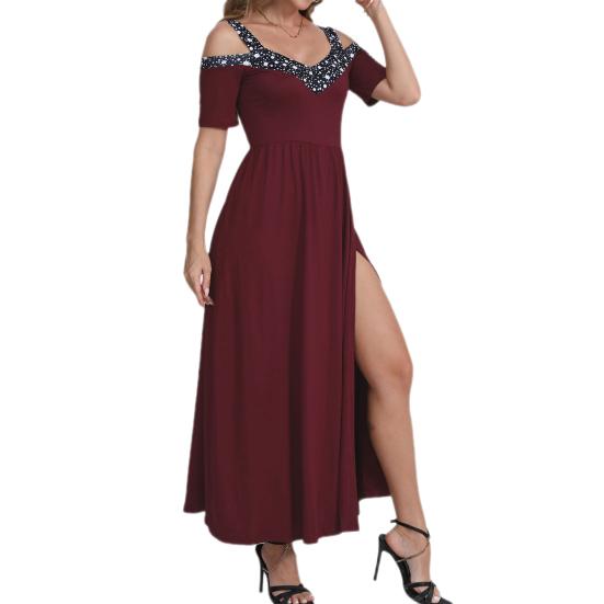 Abito da sera da donna con scollo a V traforato, spacco alto, paillettes, plissettato, maniche corte, taglie forti, linea ad A, spalle scoperte, lunghezza alla caviglia, abito lungo da ballo