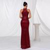 Autumn new product fashion neck sexy crystal chain hip wrap sequins European and American dress mid waist evening dress