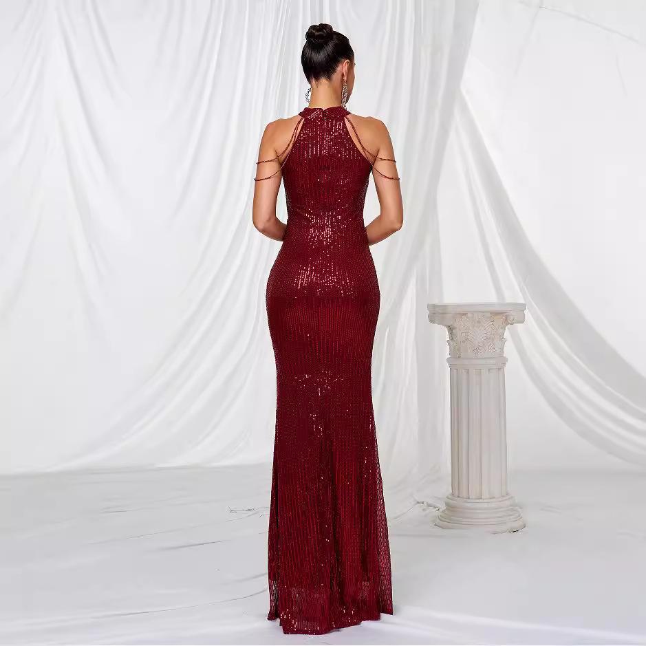 Autumn new product fashion neck sexy crystal chain hip wrap sequins European and American dress mid waist evening dress