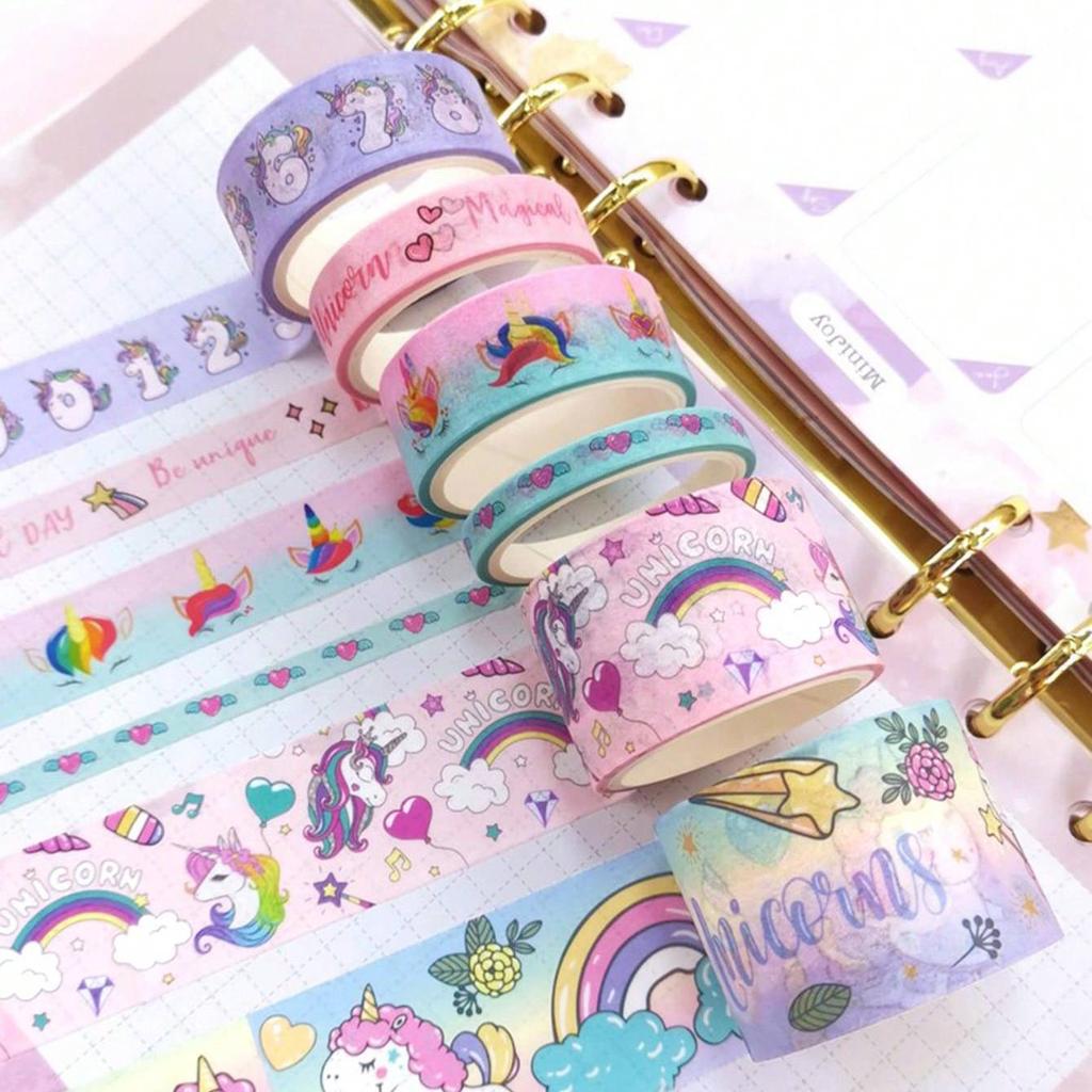 6rolls-volume cute washi tape set, exquisite unicorn pattern cartoon tape, scrapbook planner decoration, DIY stationery