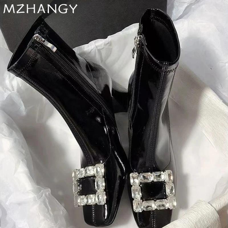 Fashion Women Crystal Chunky Ankle Boots High Heels Suede Square Toe Shoes Elegant 2024 Trend Snow Boots Pumps New Mujer Chelsea Boots