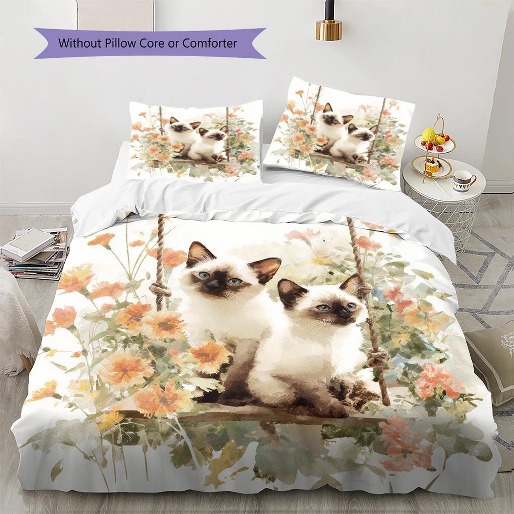 Siamese Cat and Plants Pattern Bedding Home Decoration Birthday Gift (1 * Duvet Cover + 2 * Pillowcase, Without Core)