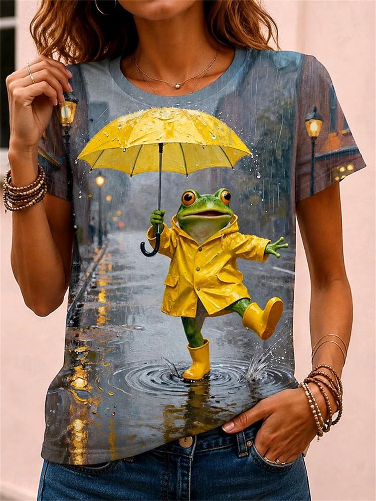 Women's Summer Round-Neck Casual T-Shirt: Artistic Short-Sleeve T-Shirt with Abstract Line Dog Print Minimalist Streetwear Top
