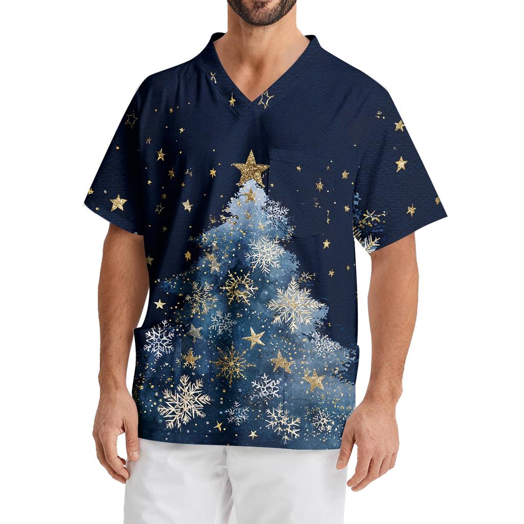 Men's Printing Short Sleeve V-neck Working Blouse Chest Pocket Carer Top