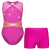 Girls Glittery Rhinestones Gymnastics Outfit V Front Waistband Shorts Keyhole Back Sleeveless Bodysuit Figure Skating Dance