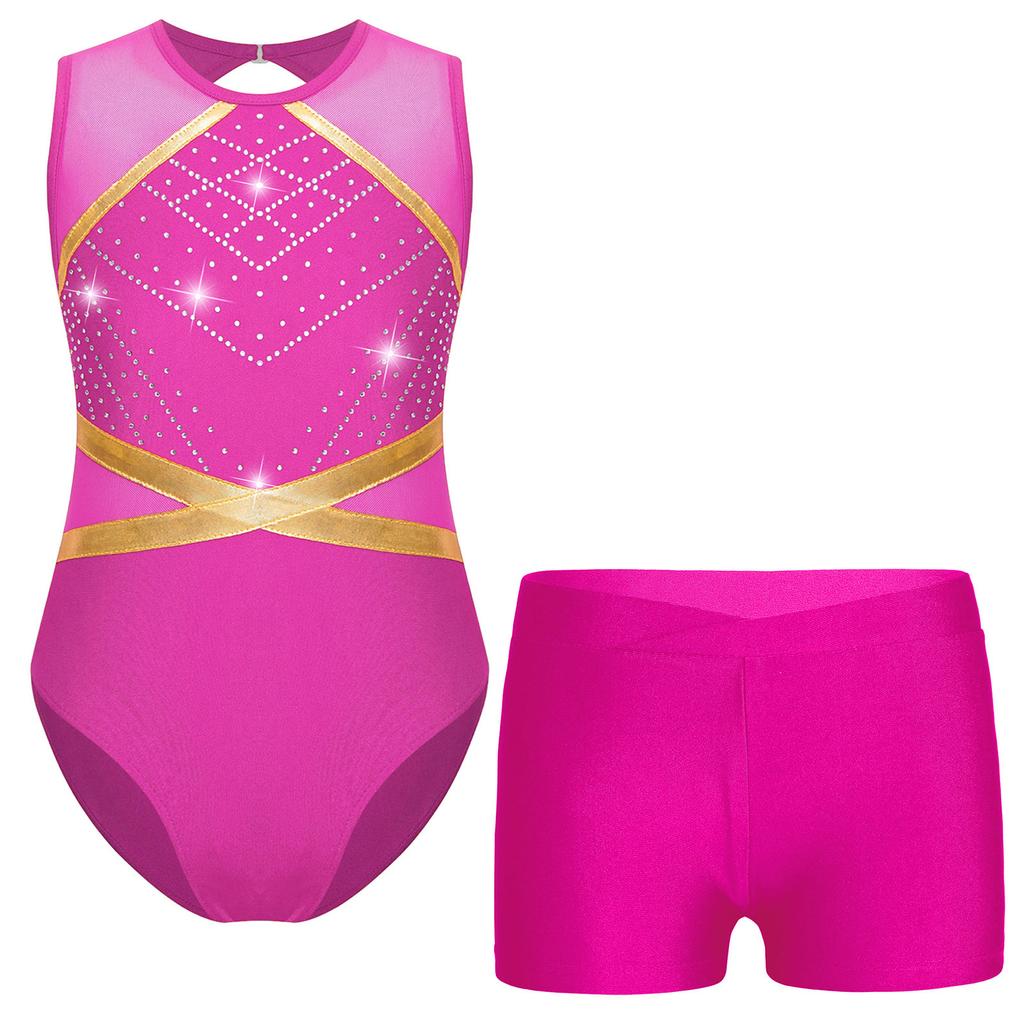 Girls Glittery Rhinestones Gymnastics Outfit V Front Waistband Shorts Keyhole Back Sleeveless Bodysuit Figure Skating Dance