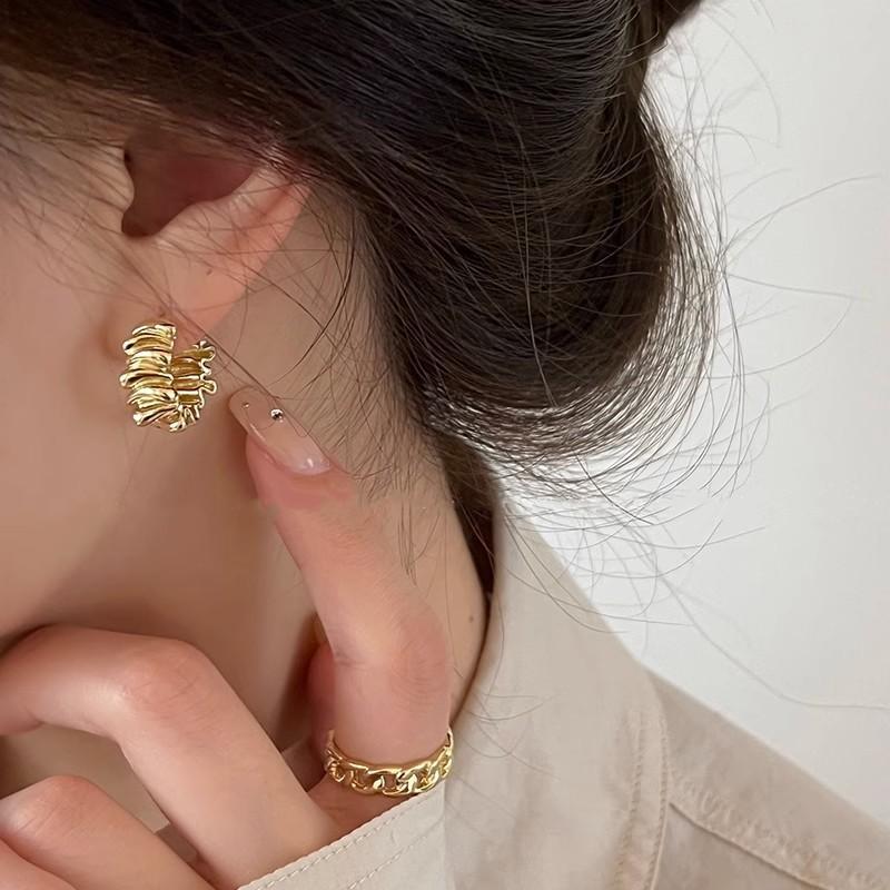 Personality Irregular Wavy Pleated Hoop Earrings for Women New Charm Gold Plated Stainless Steel Dangle Jewelry Accessories Gift