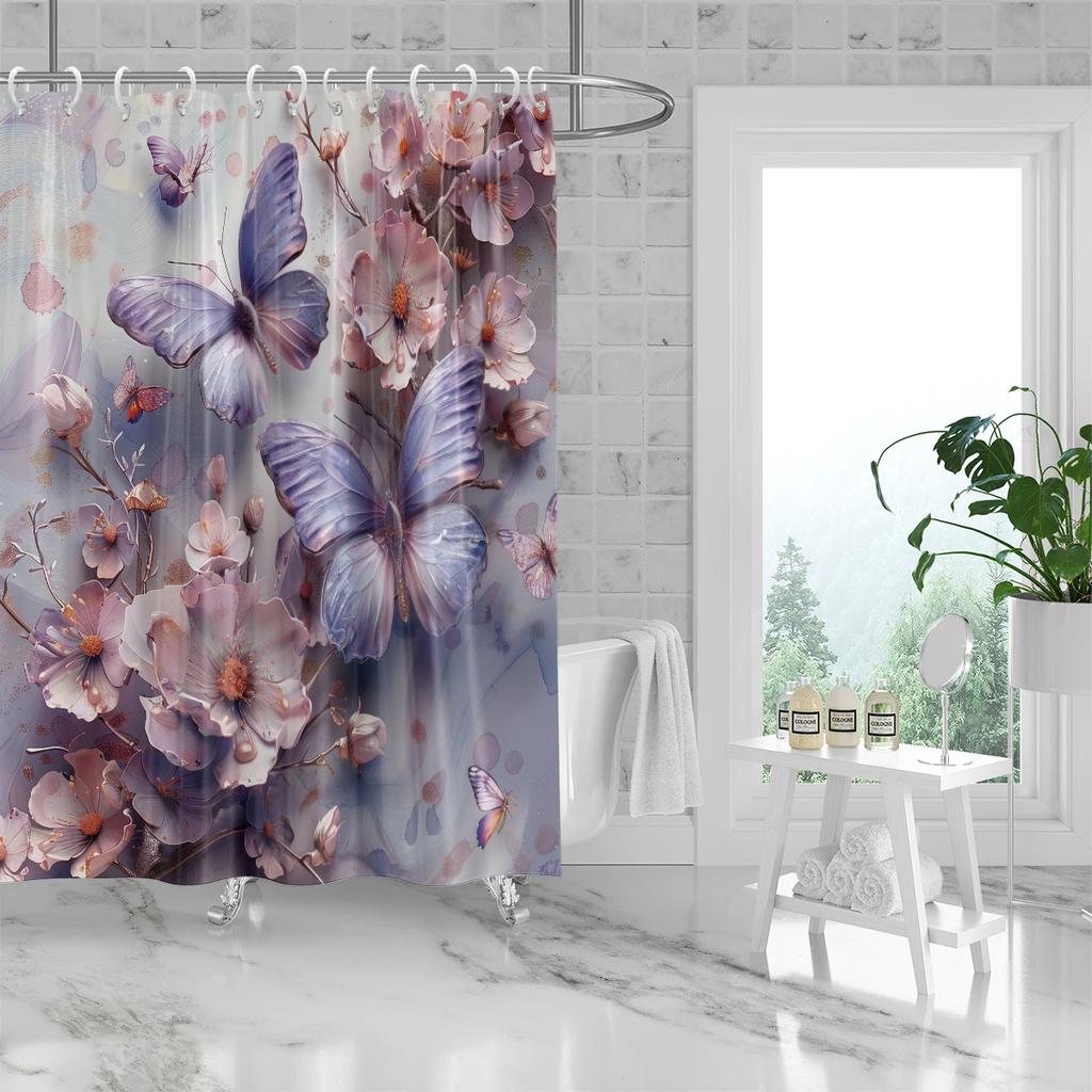 1PC Floral and  Butterfly Pattern Printed Shower Curtain, Waterproof, with 12 Hooks, for Bathroom Showers, Bathtub, Home Use