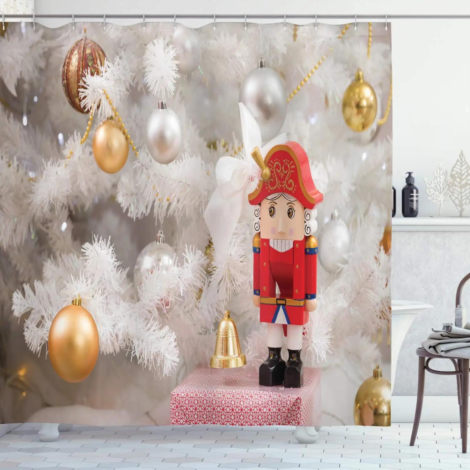 

Крекер Рождественские Щелкунчики Занавеска для душа Рождественская елка Занавеска для ванной Декор Набор с крючком Полиэстеровая ткань Рождественский подарок W90xH180cm