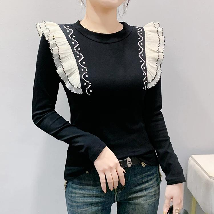 Spring Autumn Women's Black Clothes T-Shirt Sexy O-Neck Beading Pearls Tees Elegant Female Ruffles Long Sleeve Brand Tops