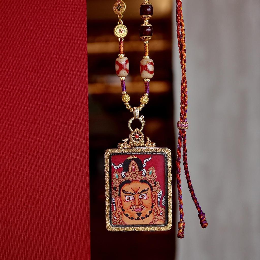 3D Hand-Painted Yellow Jambhala Thangka Zhakiram Gau Box Necklace