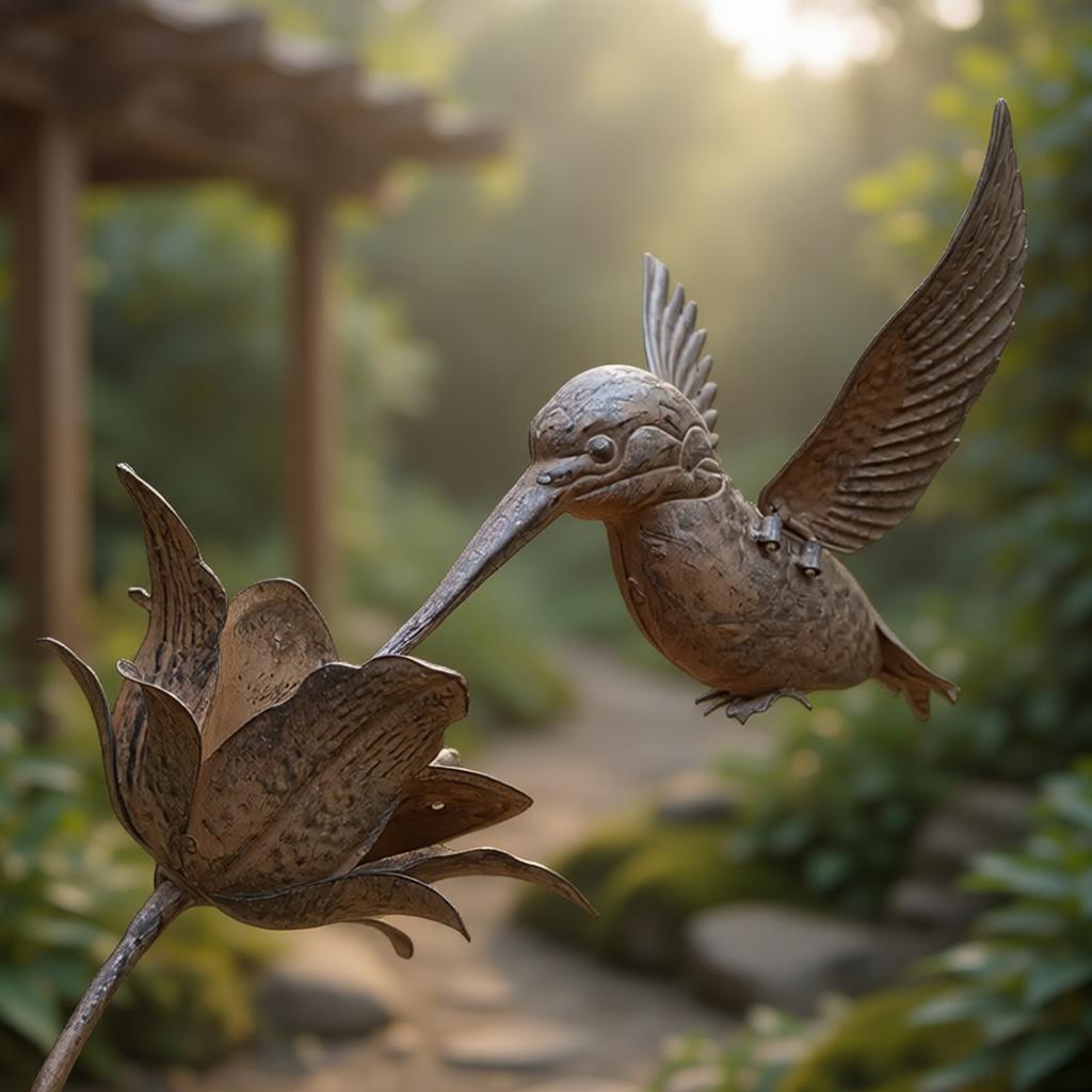 Exquisites Handmade Iron Bird Sculpture Iron Hummingbird Lawn Ornament for Porches Deck Or Backyard Accent