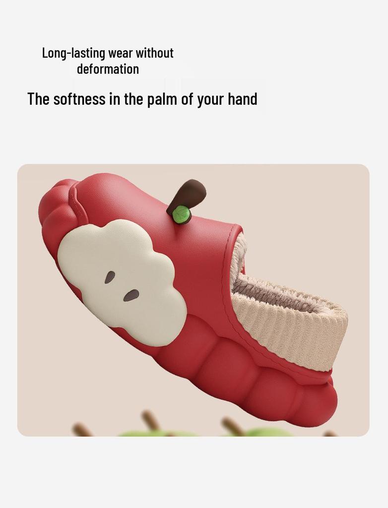 Women's Winter Cartoon Apple Cotton Slippers: Indoor Plush, Warm, Waterproof, Non-Slip Shoes