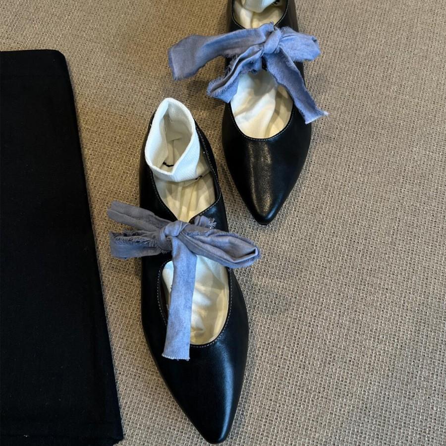 Sheepskin Version~ French Temperament Mary Jane Shoes Retro Literary Pointed Head Lace-up Bow Flat Bottom Shallow Mouth Single Shoes Women