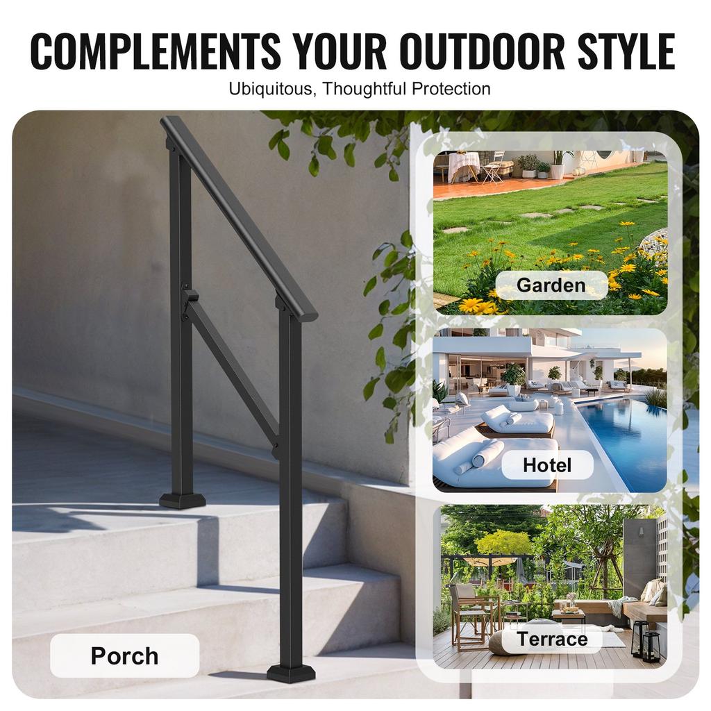 VEVOR Handrails for Outdoor Steps, 2-3 Step Stair Hand Rail Kit, Transitional Carbon Steel Railings with Installation Kit, Stair Rails for Seniors