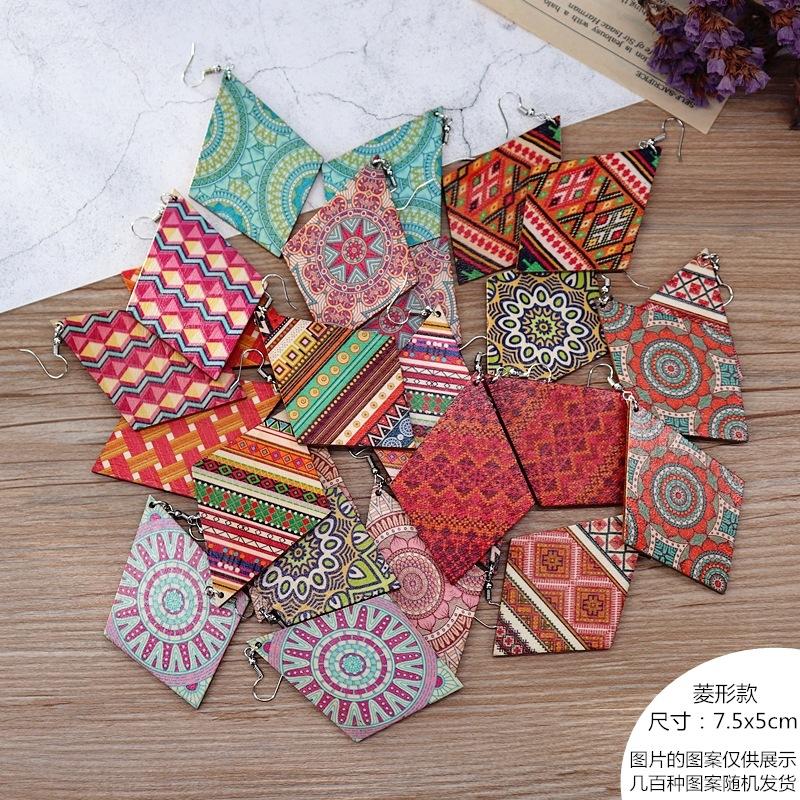 Bohemian vacation style wooden earrings retro personality exaggerated print earrings femininity long earrings