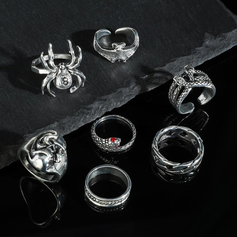 New European and American Creative Dark-themed Ring Set with Unique Designs of Spider, Bat, Snake, and skull7Adjustable Ring Set