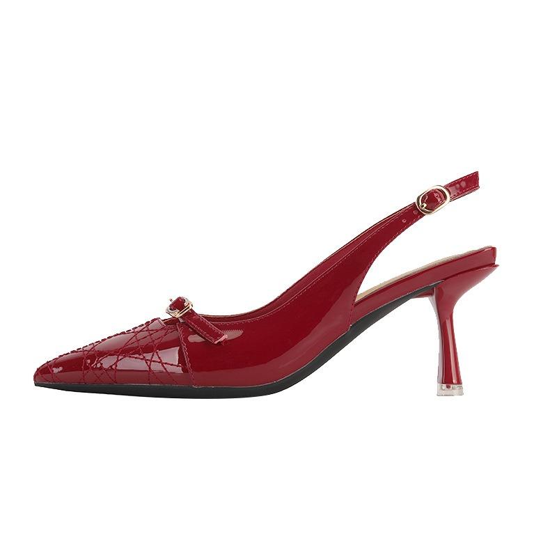 Baotou sandals women's pointed head stiletto high heels patent leather sheepskin back strap new burgundy