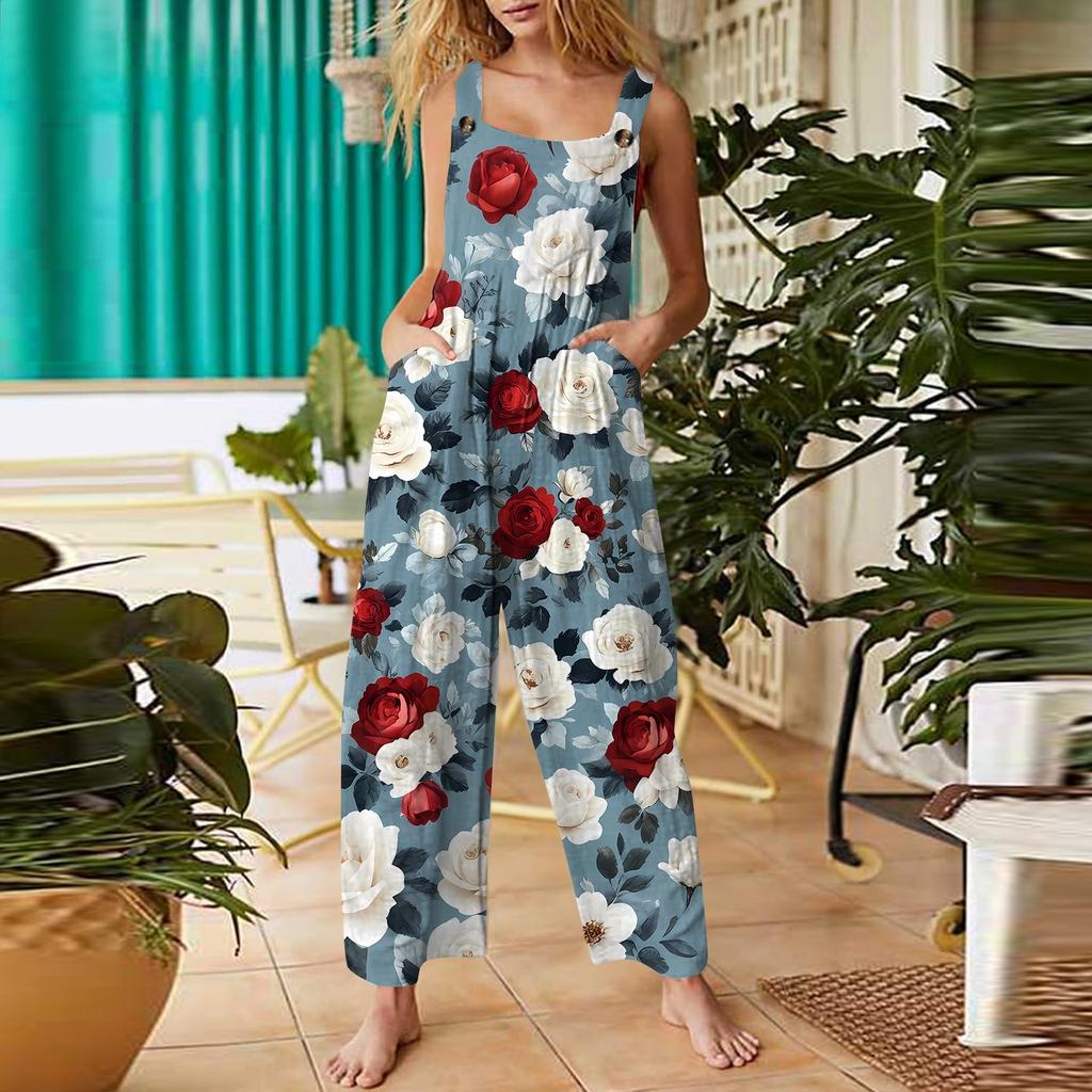 Women's Casual Jumpsuit Sleeveless Fashion Floral Print Jumpsuit
