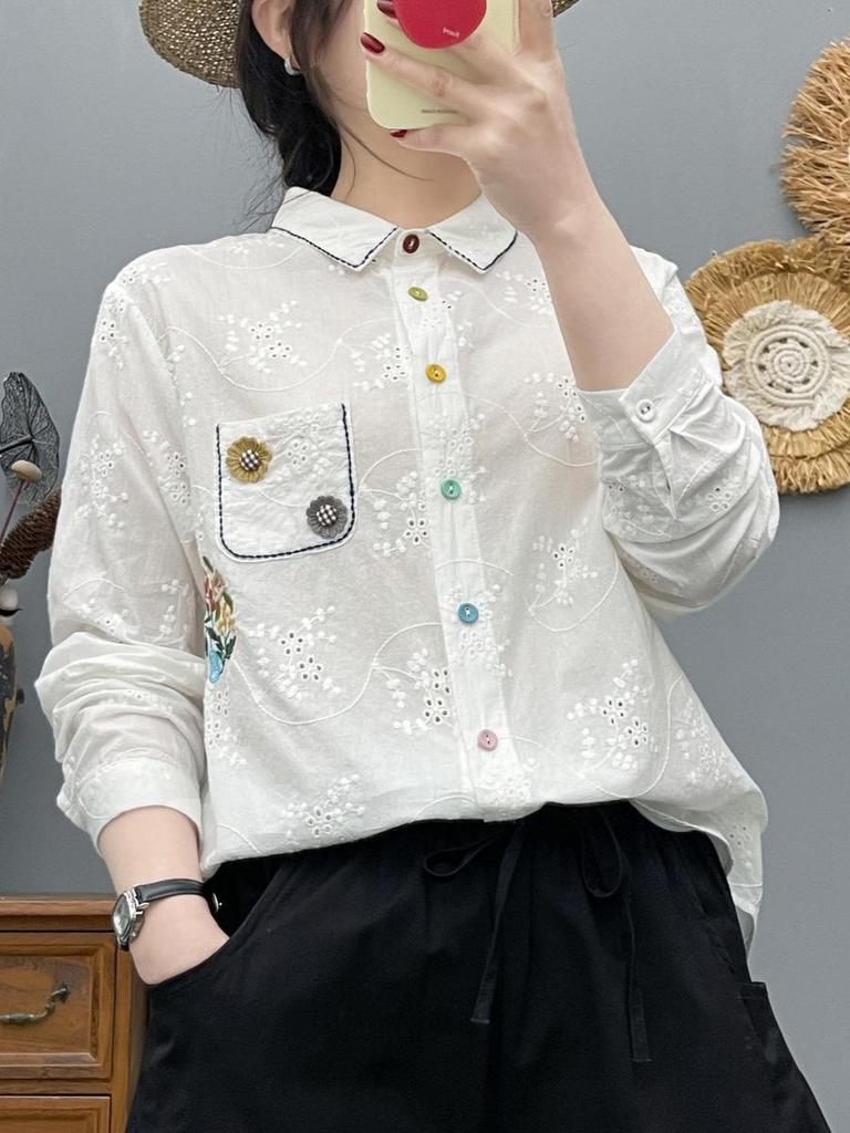 Women's Floral Embroidery Button-Up Long-Sleeve Jacquard Top for Spring and Fall