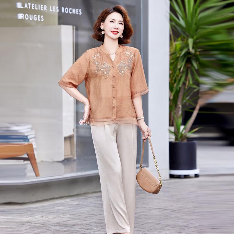 Women's Summer Embroidered Short-Sleeve Shirt & Pants Set