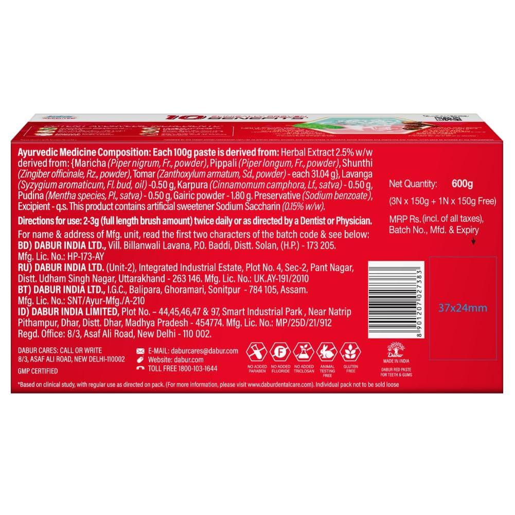 Dabur Red Toothpaste 150GX4 Pack of 1 Ayurvedic Paste for Germ Protection Cavity Care Plaque Removal Gum Strengthening and Fresh Breath
