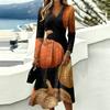 Women's Halloween Print V-Neck Long Sleeve Dress with Pockets for Casual Everyday Wear