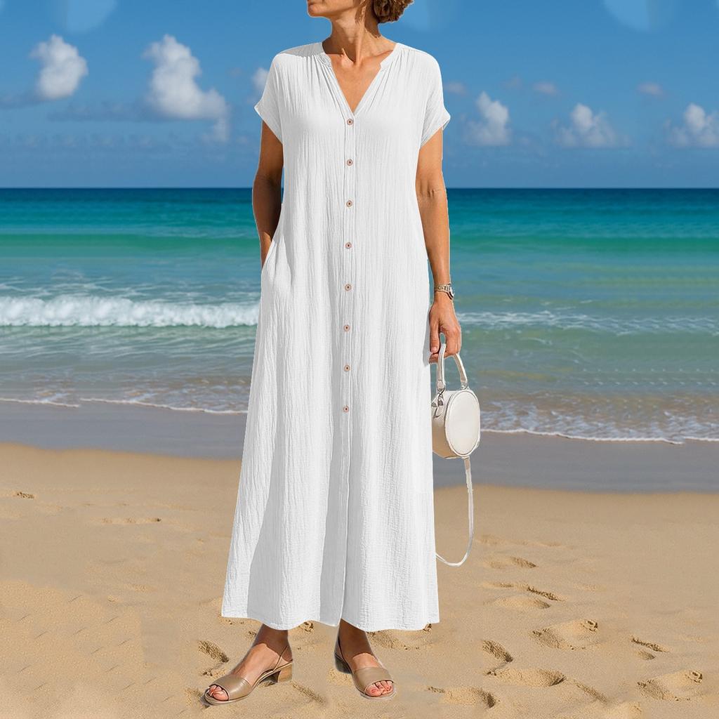 Women's Fashion Loose Solid Color Cotton And Linen V-Neck Pocket Casual Dresses