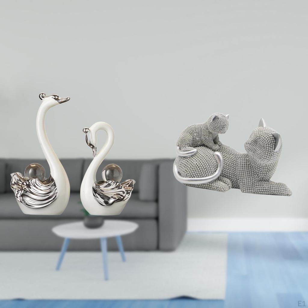 Porcelain Swan Cat Sculpture Figurine Collection Animal Statue Ornament Art Crafts Decorative