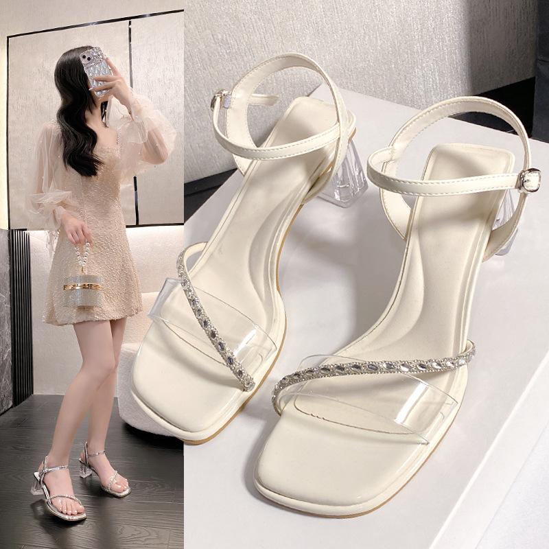 2025 Summer New Rhinestone Sandals with Thick Heels Slippers Women's Wear with Skirts Are Beautiful and Thin High Heels