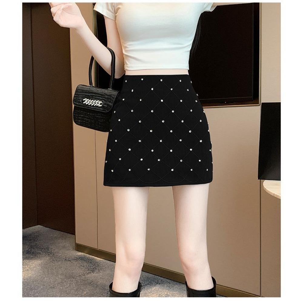 Women's Half-Skirt with Elegant Lady Style Beaded Design A-Line Shape High-Waisted Slimming Short Skirt