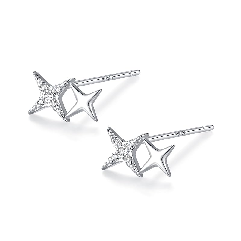 

earrings Silver925 silver gold 18K coating pink gold Compatible with metal allergies star star cool (Double & Silver)