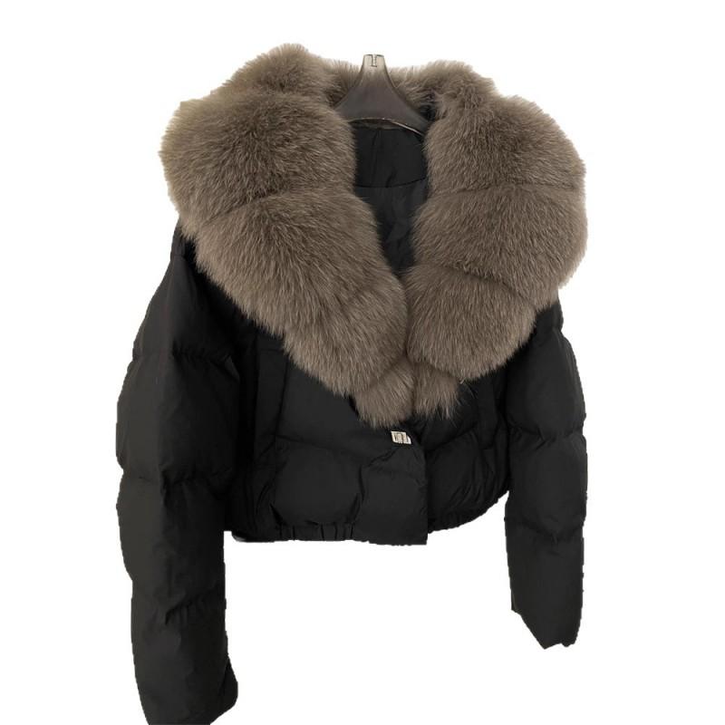 Womens Short Puffer Coat With Oversized Fox Fur Collar Warm Winter Outerwear Loose Fit Stylish Daily Wear