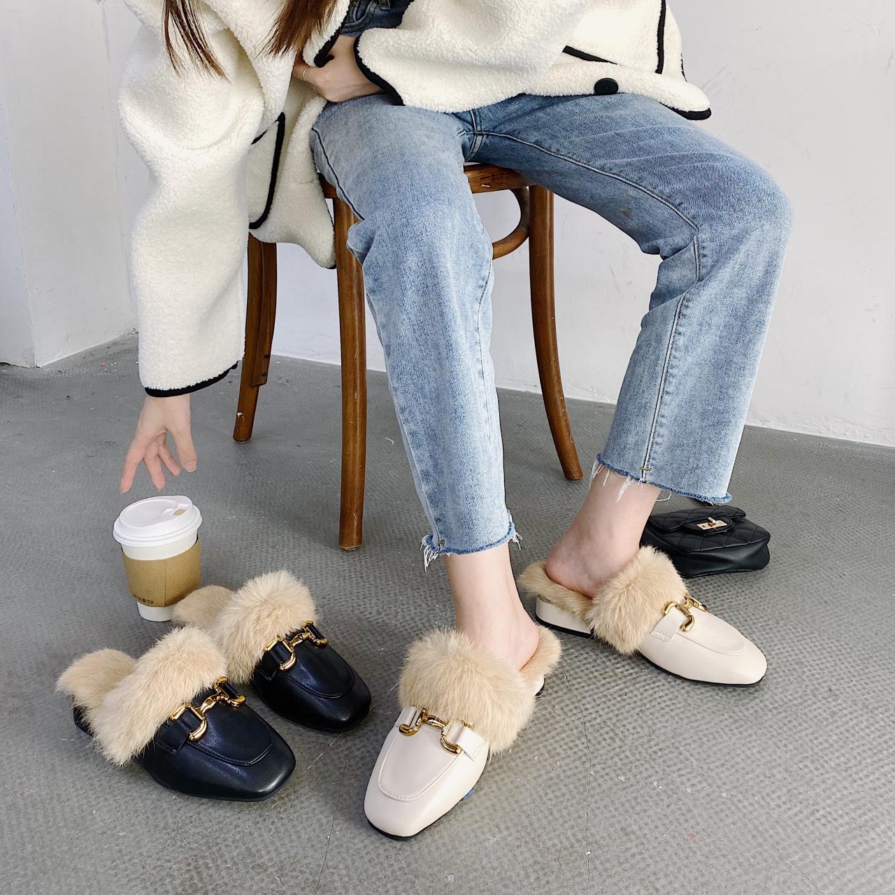 

Mao Mao slippers women wear Muller lazy shoes in autumn and winter thick heels fitting room bag head and fleece half slippers 40