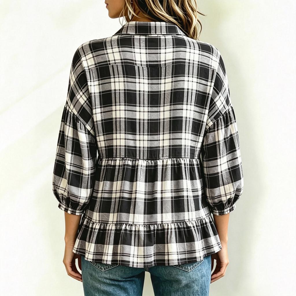 Women's Vintage Plaid Button Down Shirt Loose Fit Casual Blouse