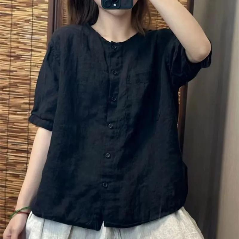 Damenhemd Frühling Sommer Baumwolle und Leinen Rundhals Retro Damenbluse Einfarbig Altersreduzierend Damen Strickjacke T-Shirt