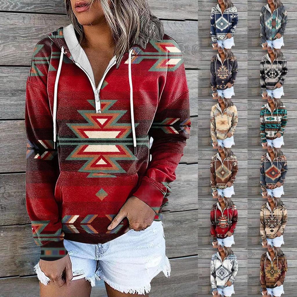 Women 3d Printed Pocket Vintage Plus Size Hoodies Autumn Winter Drop Shoulder Long Sleeve Pullover Casual Hooded Sweatshirt Tops
