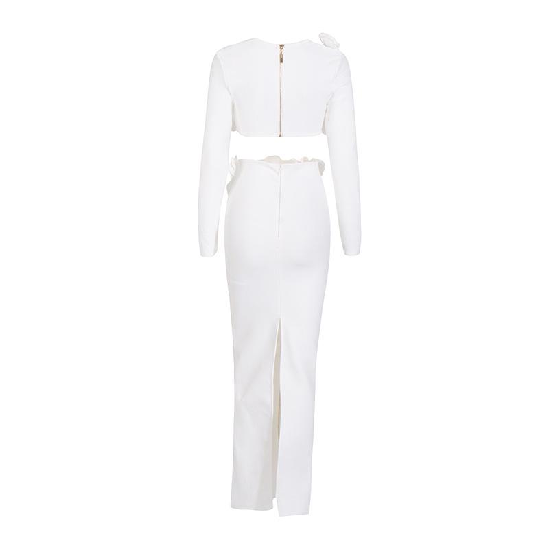 Elegant European & American Floral Long-Sleeve Top and Slit Skirt Set - Sexy Independent Design for Women