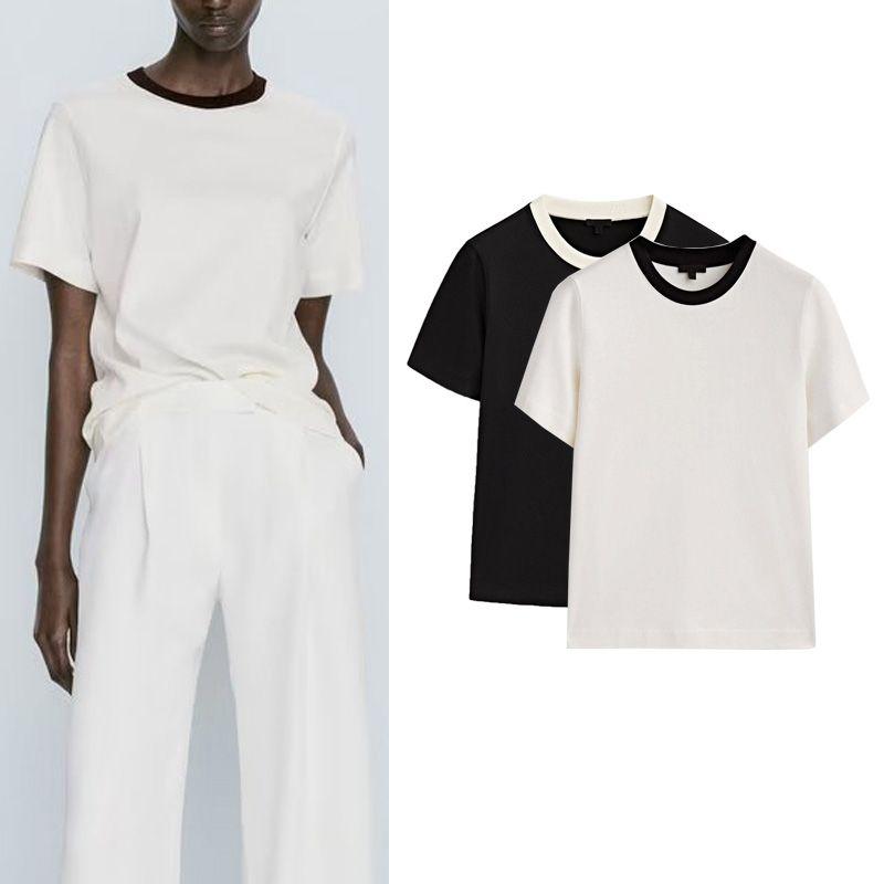 MD Spring New round Neck Inner Bottoming Top Casual Contrast Color Short Sleeve Silm Pure Cotton T-shirt 6855542