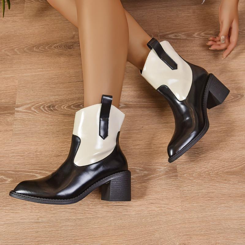 Women's Wide Width Color Block Ankle Boots, Retro Mid Heel Martin Boots, European Style Vintage Booties for Women