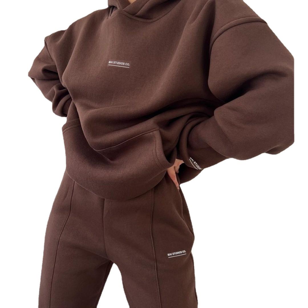 

BITCED, осенне-зимний новый повседневный женский брючный костюм с капюшоном и длинными рукавами из флиса с принтом M темно-коричневого