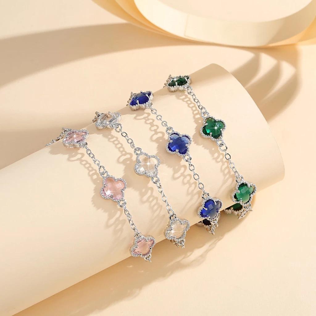 Ladies' Crystal Clover Bracelet with Five Leaf Flower Copper Gold Plated Bracelet