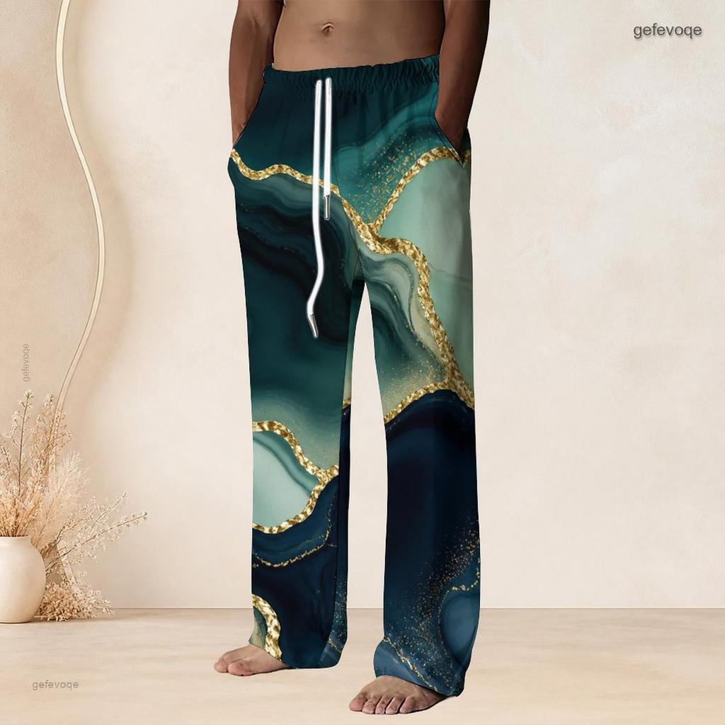 Mens Plus Size Drawstring Waist Colorful Printed Straight Leg Full Length Beach Pants