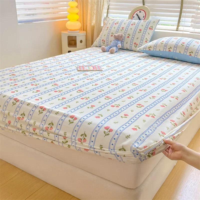 Kawaii Bear and Rabbits Printed Fitted Sheet Set Pure Cotton Cartoon Animals Mattress Cover for Kids Boys Girls Bedroom Decor