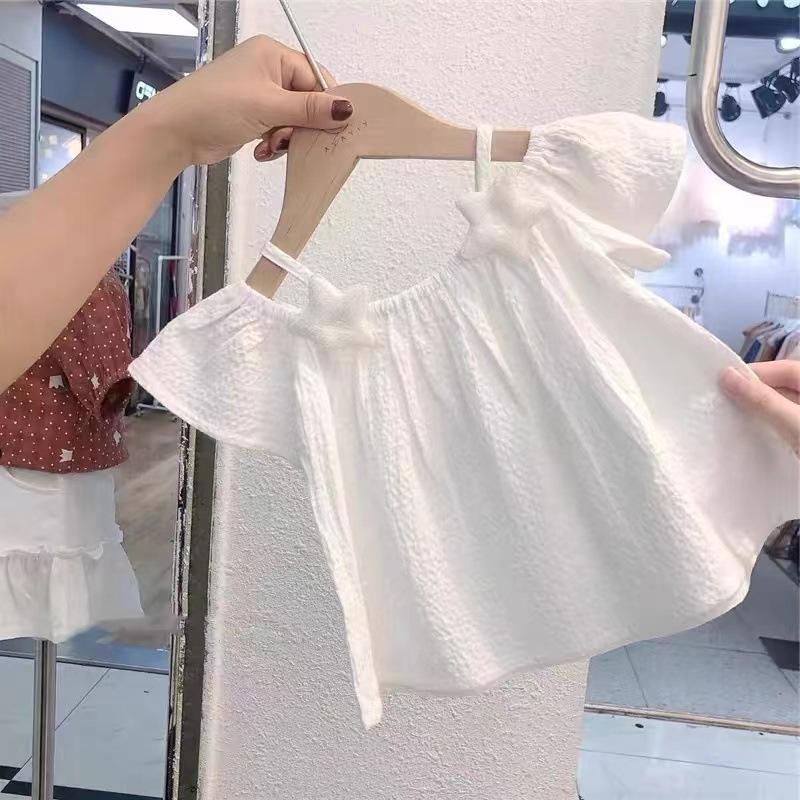 Girls' 2025 Summer Off-the-Shoulder Spaghetti Strap Short-Sleeve Top - Fresh New Chinese Style Fashion