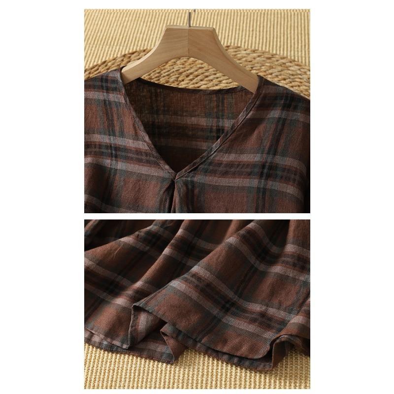 DIMANAF 2026 Summer New Plus Size Women T-Shirts Casual Blouse Shirts Lady Tops Tees Cotton Oversized Vintage Print Plaid