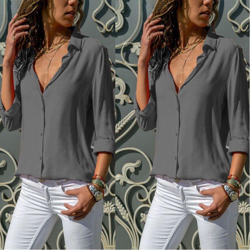 

Womens Fashion Solid Color Long Sleeve Button Down Office Blouse Dress Shirt Tag L=US S серый