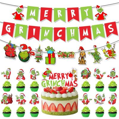 Kit de arco de guirlanda de Grinchs de Natal, faixas vermelhas e verdes, topper de bolo para decorações de festa de aniversário de Natal
